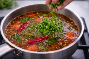 Fresh coriander on simmering rasam