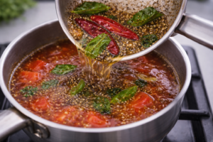 Hot tempering drizzled into rasam